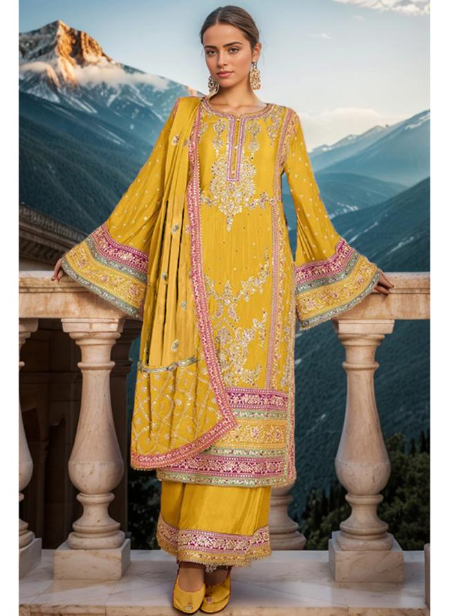 Heavy Silk Chinnon Yellow Festival Wear Embroidery Work Pakistani Suit
